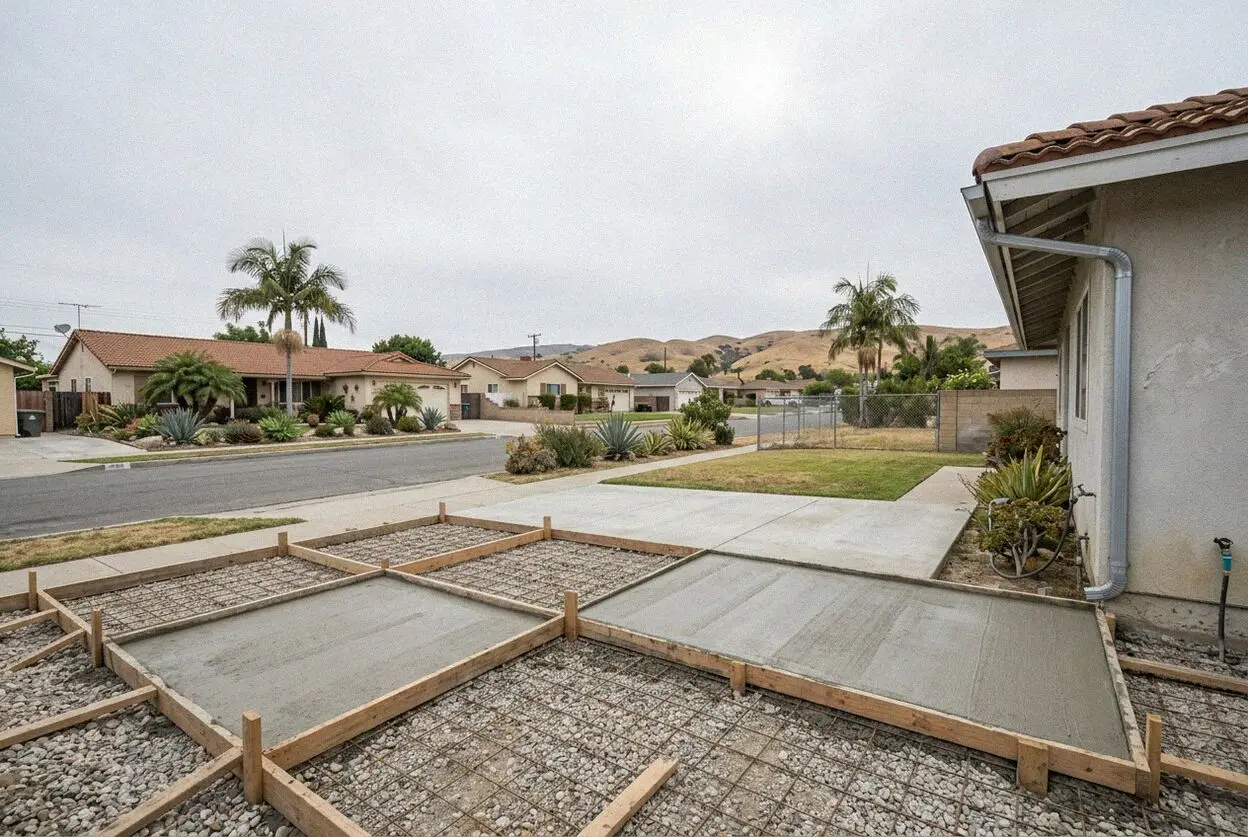 A new concrete driveway at a 1960s ranch house on a flat Carson street
