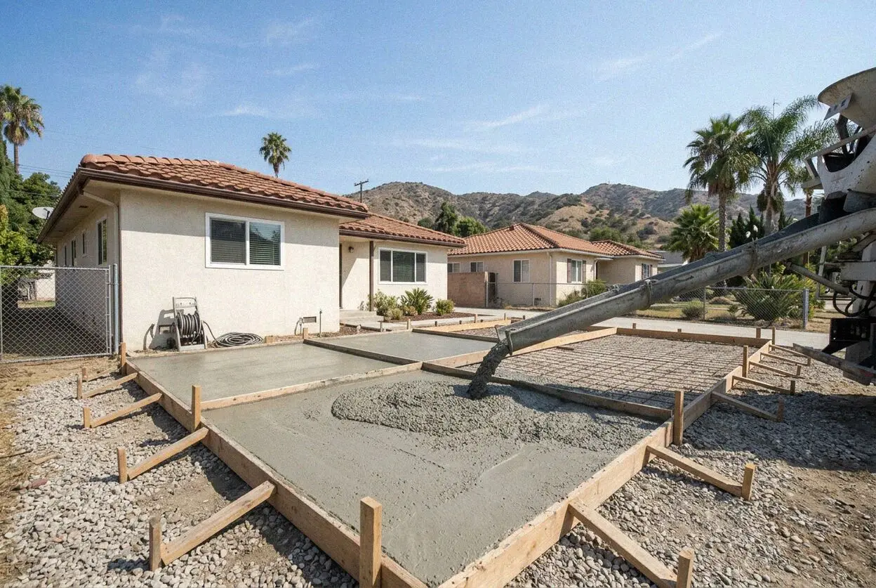 A poured concrete driveway at a 1930s Spanish bungalow in Culver City
