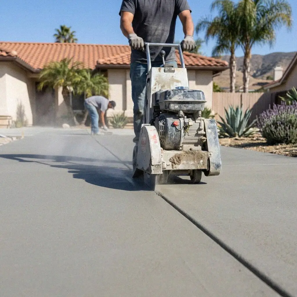 Diamond blade and water line on a slab saw cutting a Torrance driveway