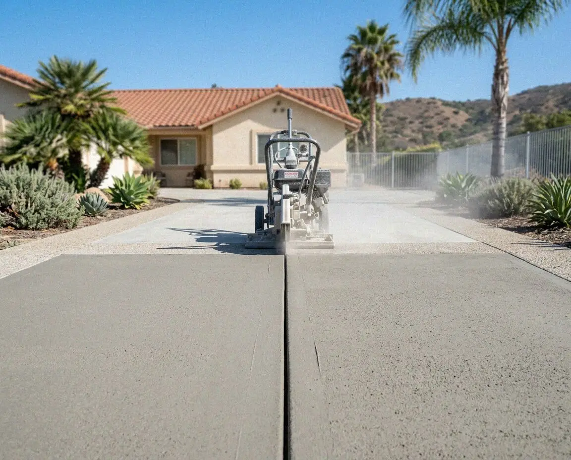 Walk-behind saw cutting a straight line down a Torrance driveway