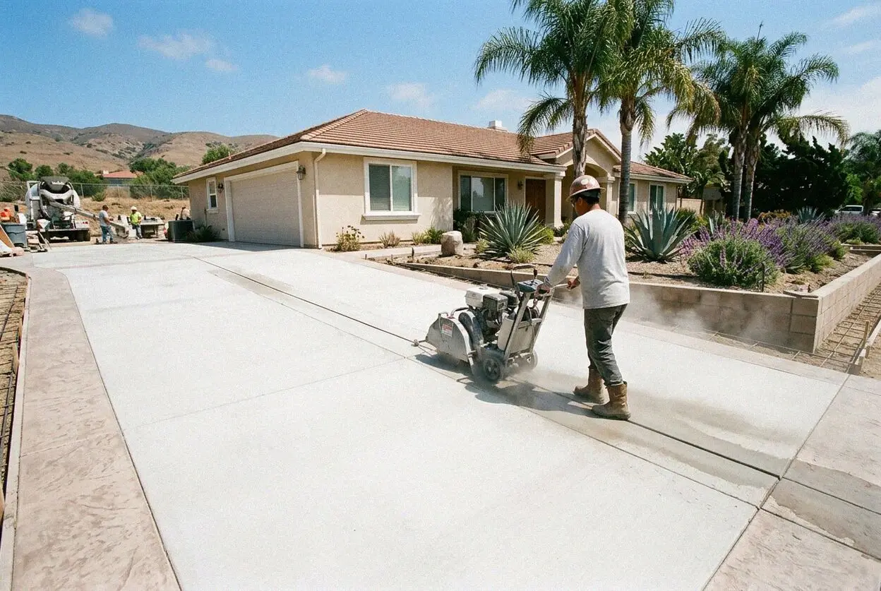 Walk-behind saw cutting the edge of a driveway at a Torrance, CA home