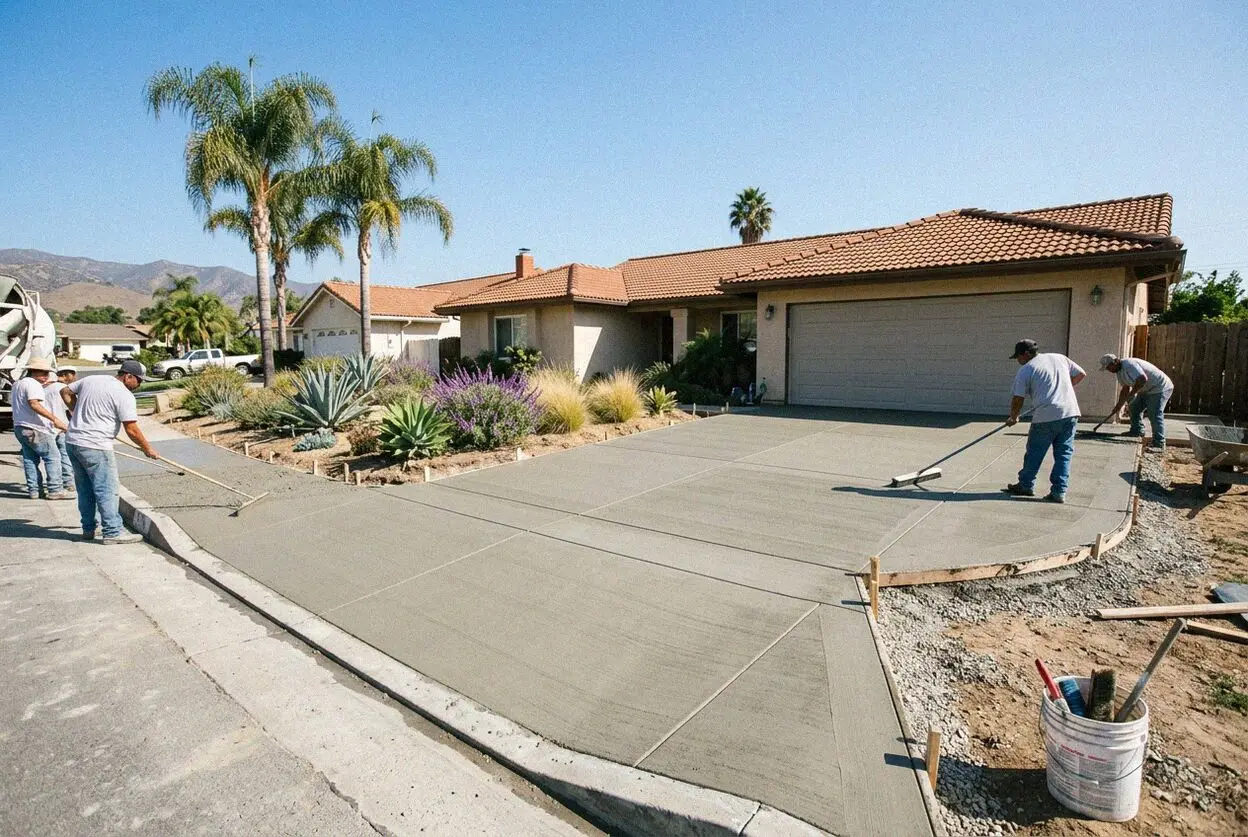 Crew setting forms for a new concrete driveway at a Torrance tract home