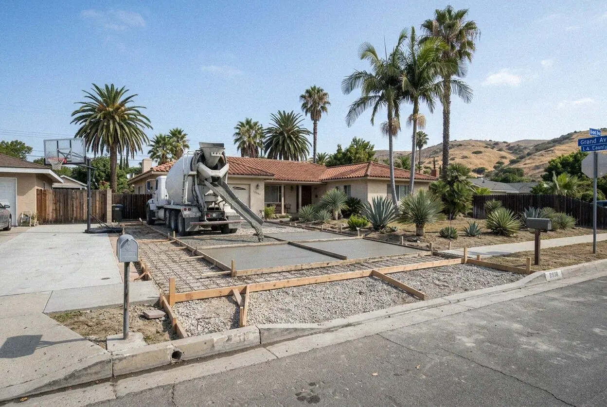 A new concrete driveway at a two-story rebuild on a narrow El Segundo lot