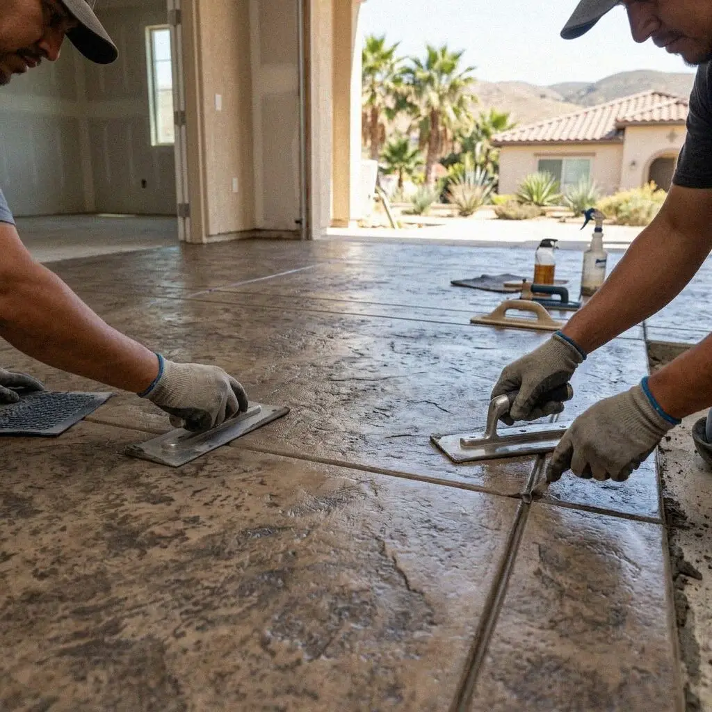 Hands steel-troweling a fresh concrete floor inside a Torrance workshop