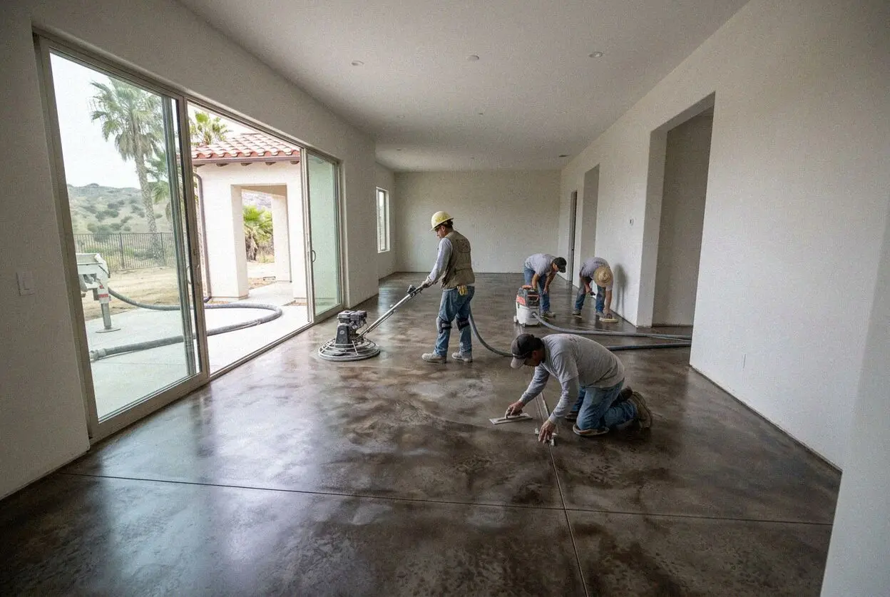 Crew screeding a new concrete shop floor inside a Torrance, CA building