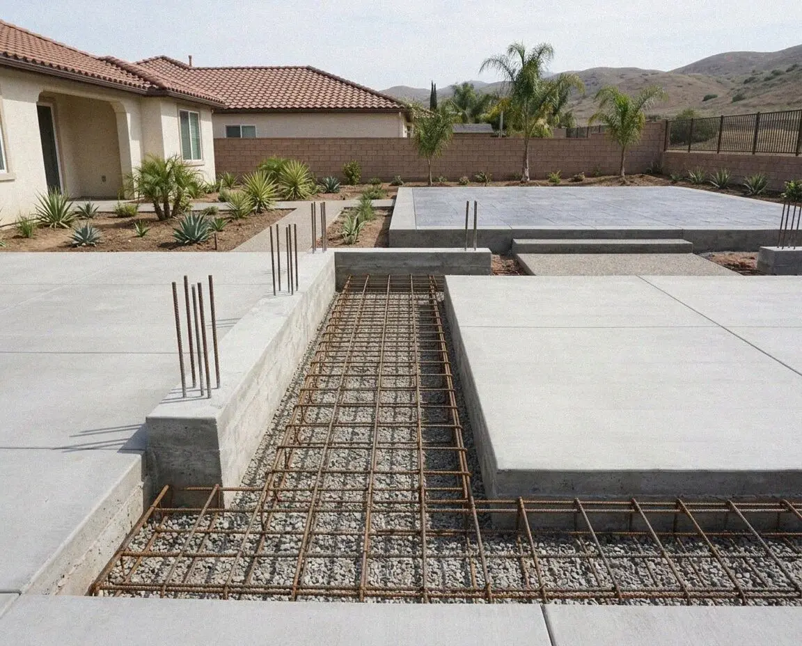 Open footing trench with tied rebar cage beside a Torrance tract house