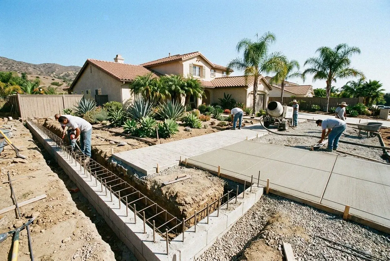 Crew tying rebar in an open footing trench beside a Torrance tract home