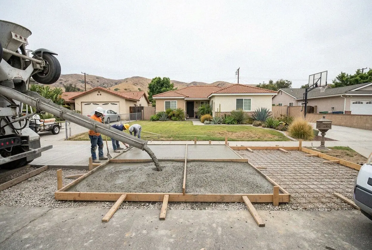 A new concrete driveway at a 1940s stucco house on a flat Gardena street