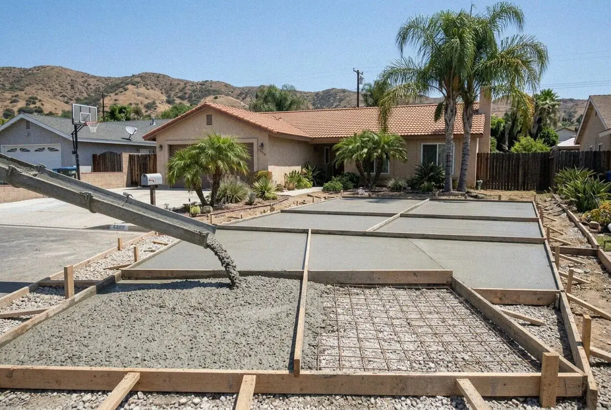 A fresh concrete parking slab behind a 1950s apartment court in Hawthorne