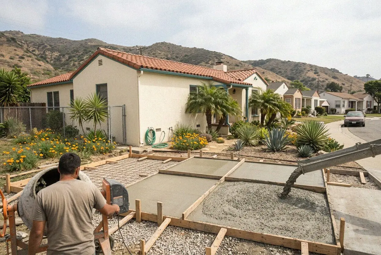 Concrete walk and garage apron at an alley behind a Hermosa Beach house