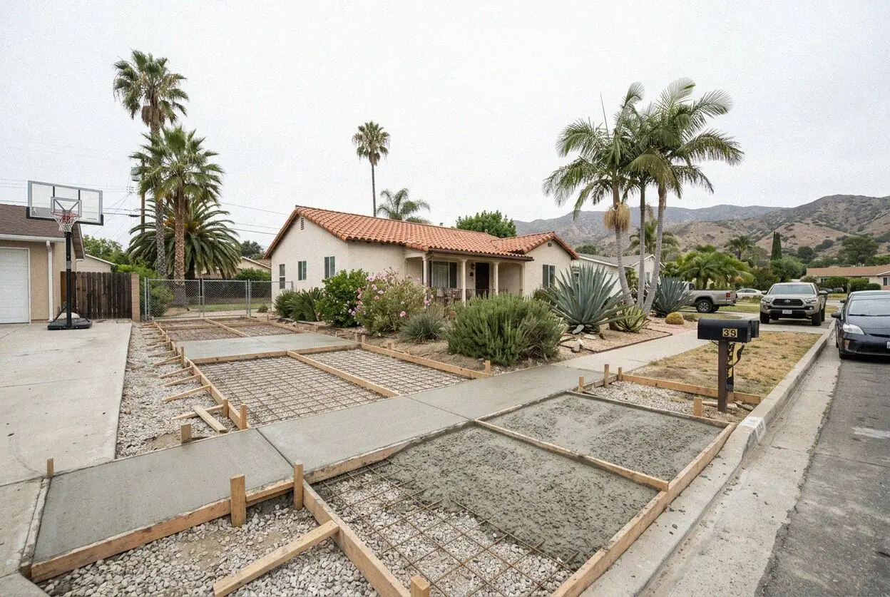 A new concrete driveway on a wide Lomita lot below the Palos Verdes Hills