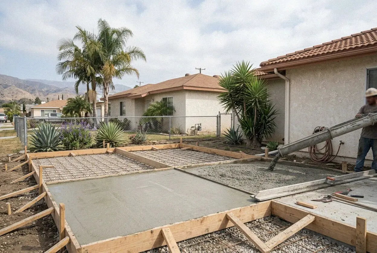 New concrete driveway beside a 1940s house on a narrow lot in Lynwood