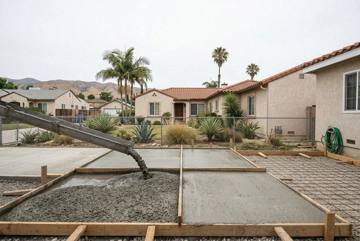 Concrete driveway pour at a 1950s house on a deep lot in Paramount