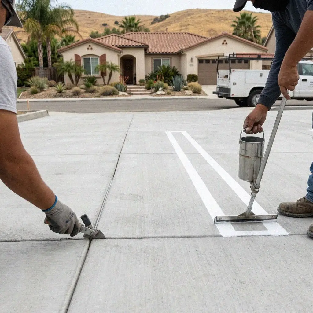 Dowel basket set across a joint line on a Torrance parking lot pour