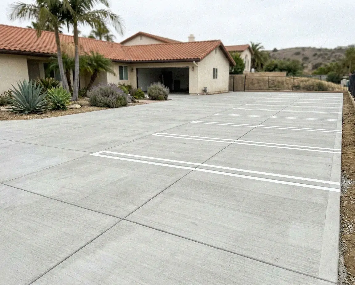 Newly poured concrete parking lot with sawn joints at a Torrance shop