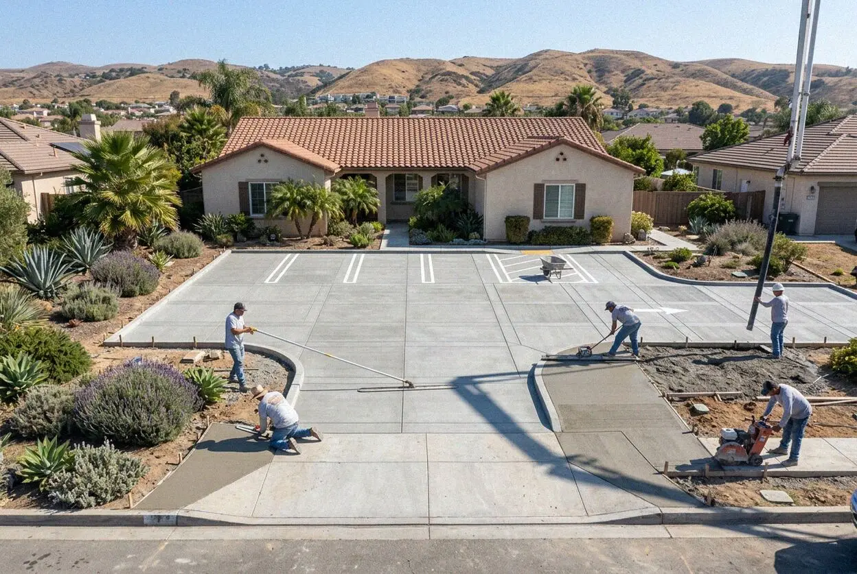 Crew placing concrete for a new parking lot at a Torrance industrial unit
