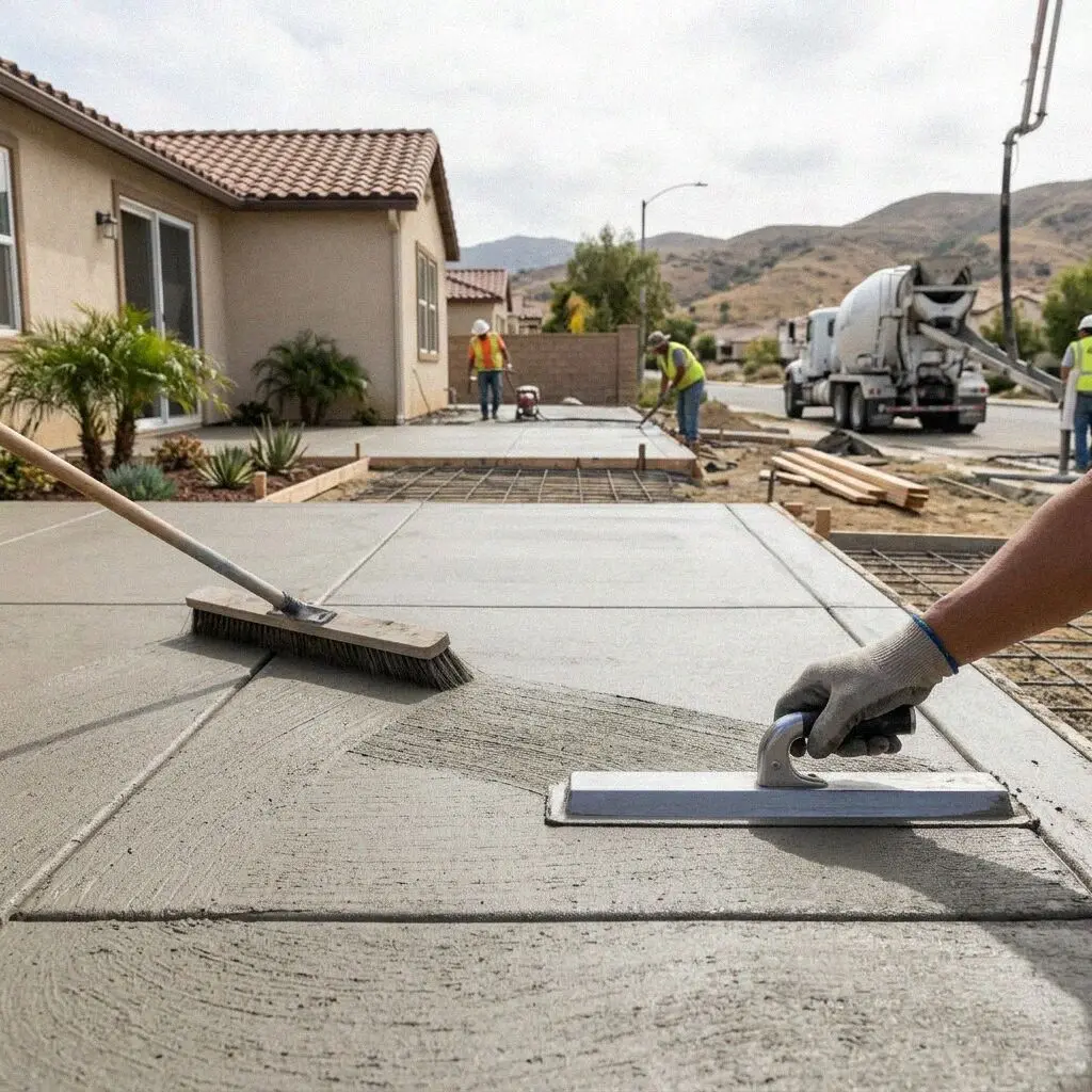 Finisher brooming a fresh patio slab behind a single-story Torrance home