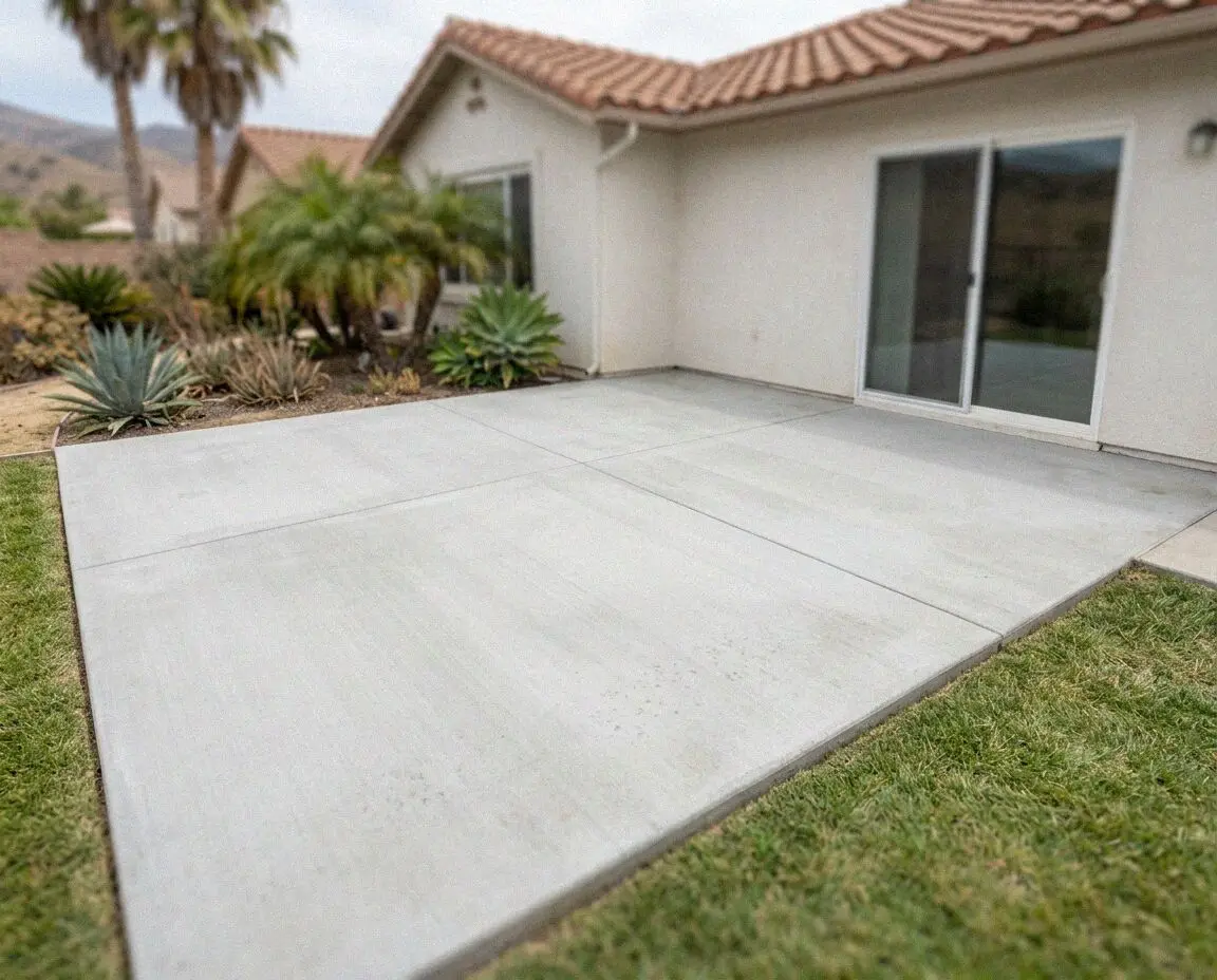 New broom-finished concrete patio behind a single-story Torrance home