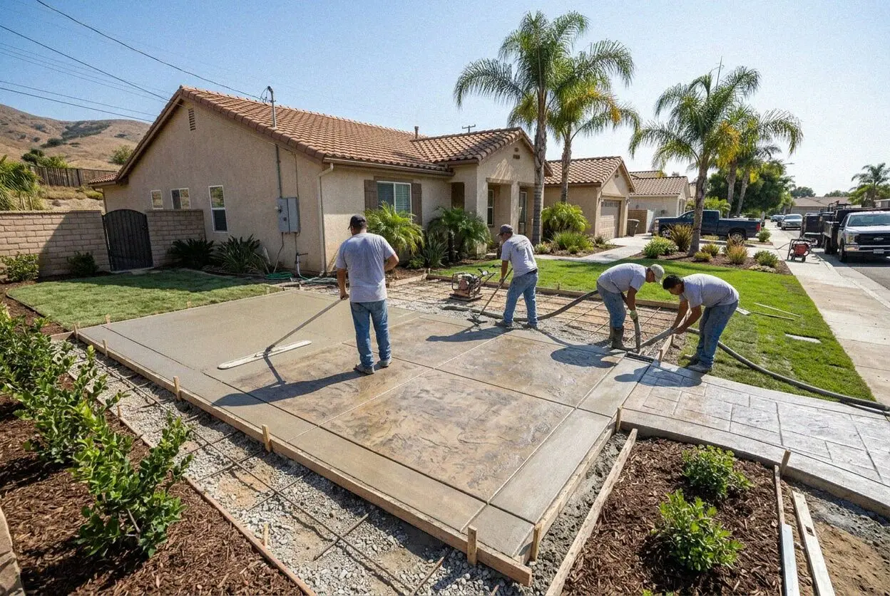 Crew screeding a new concrete patio behind a Torrance tract house
