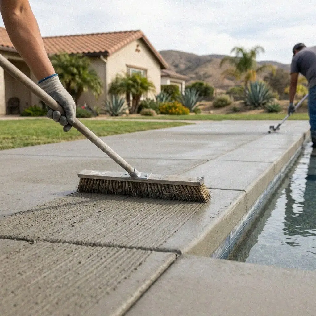 Hands brooming a fresh concrete pool deck beside the coping in Torrance