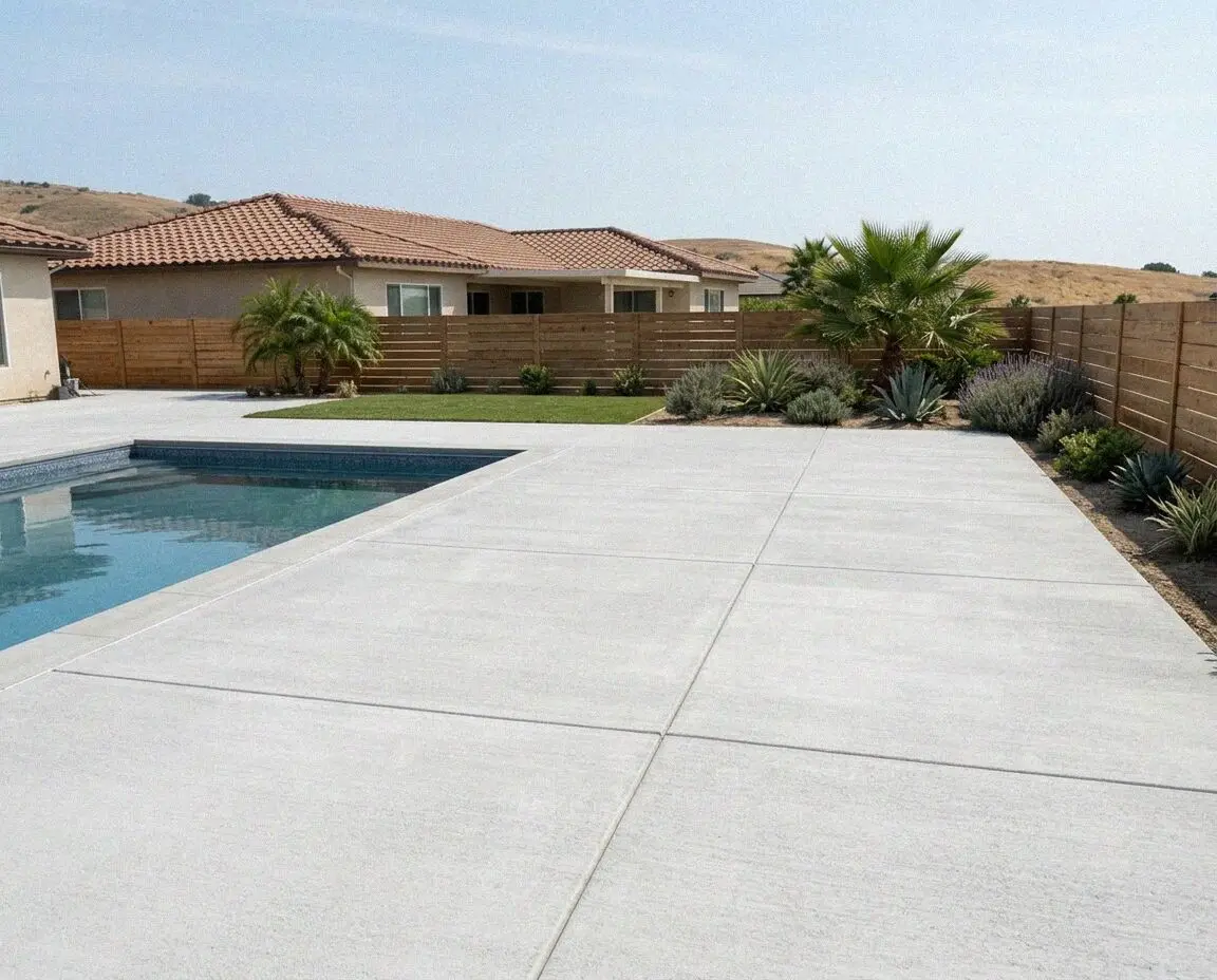 New broom-finished concrete deck wrapping a backyard pool in Torrance