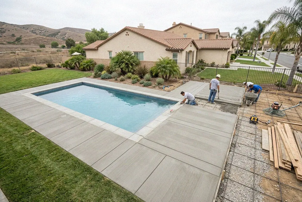 Crew screeding a new concrete deck around a backyard pool in Torrance, CA