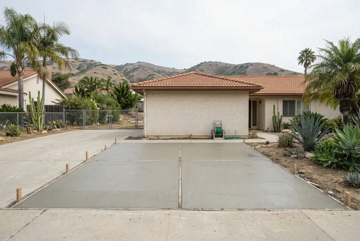 Concrete driveway pour at a 1960s tract house in Rancho Palos Verdes