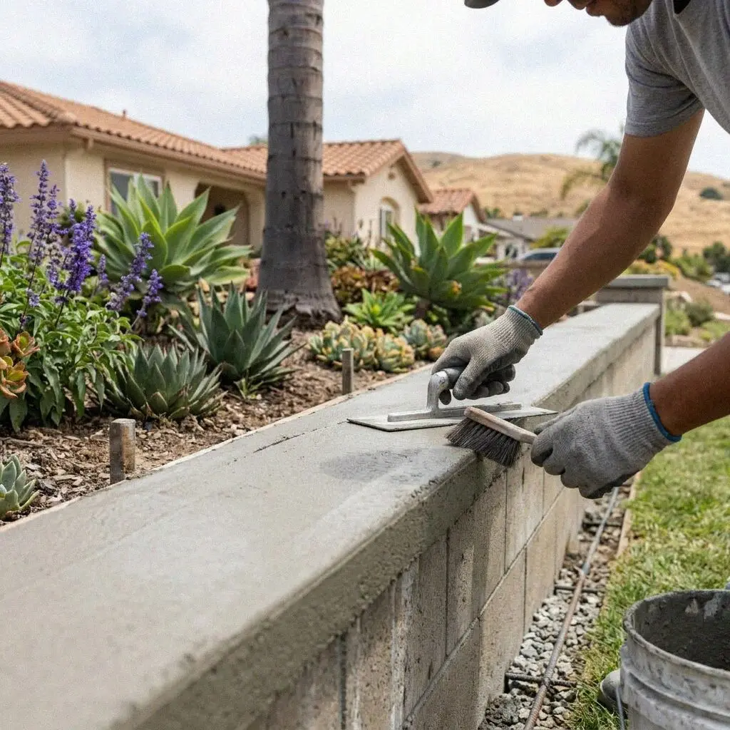 Hands tying rebar in the footing trench of a retaining wall in Torrance