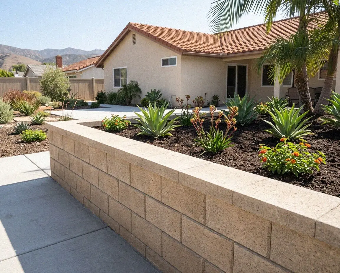 Finished concrete retaining wall holding a terraced yard in Torrance, CA