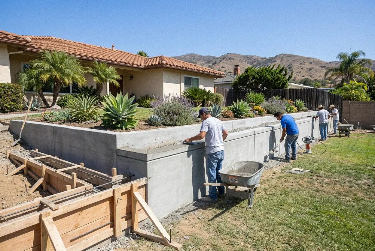 Crew laying block for a retaining wall on a terraced hill lot in Torrance, CA