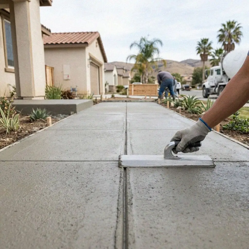 Hands brooming the surface of a fresh concrete walk panel in Torrance