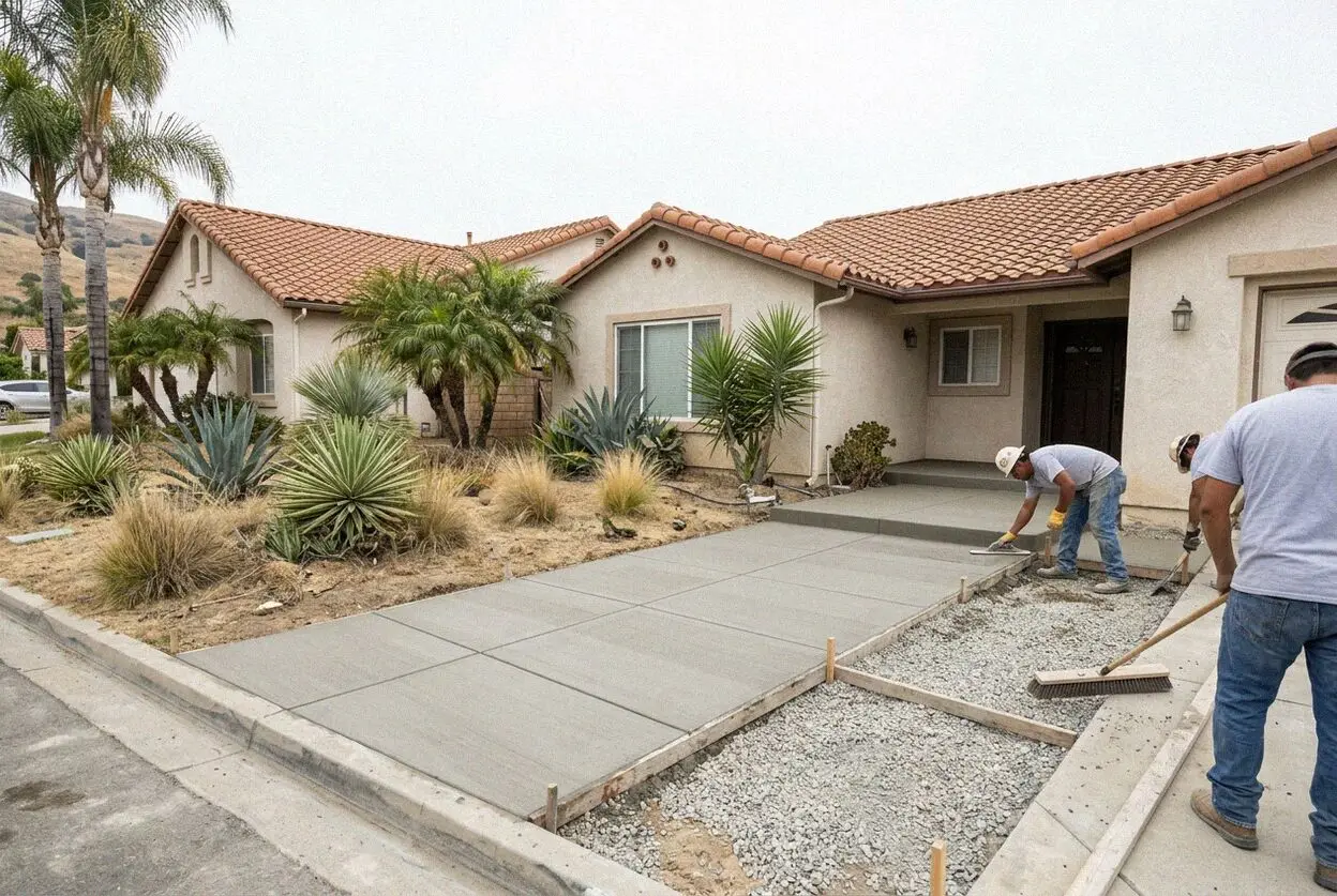 Crew screeding a new concrete front walk at a Torrance tract home