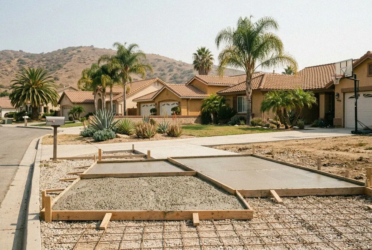 New concrete drive on a sloped lot in a Signal Hill hillside tract