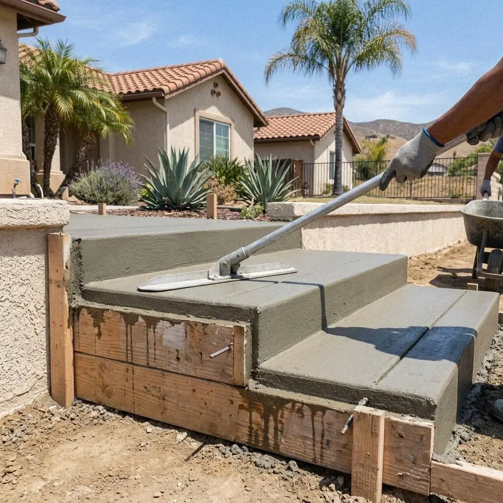 Hands edging the nosing of a freshly poured concrete step in Torrance