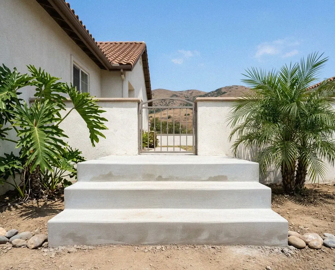 Newly poured concrete front steps with a rail sleeve at a Torrance home