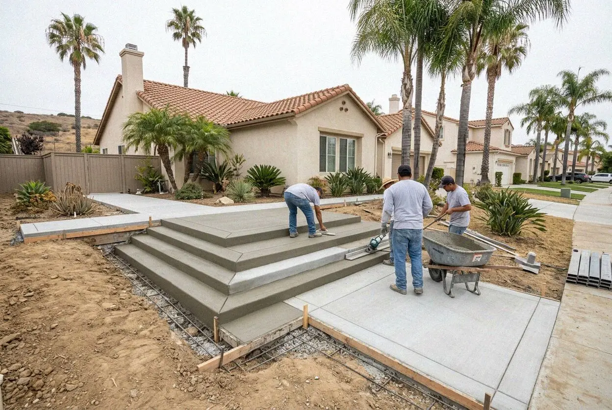 Crew setting riser forms for new concrete front steps at a Torrance, CA home