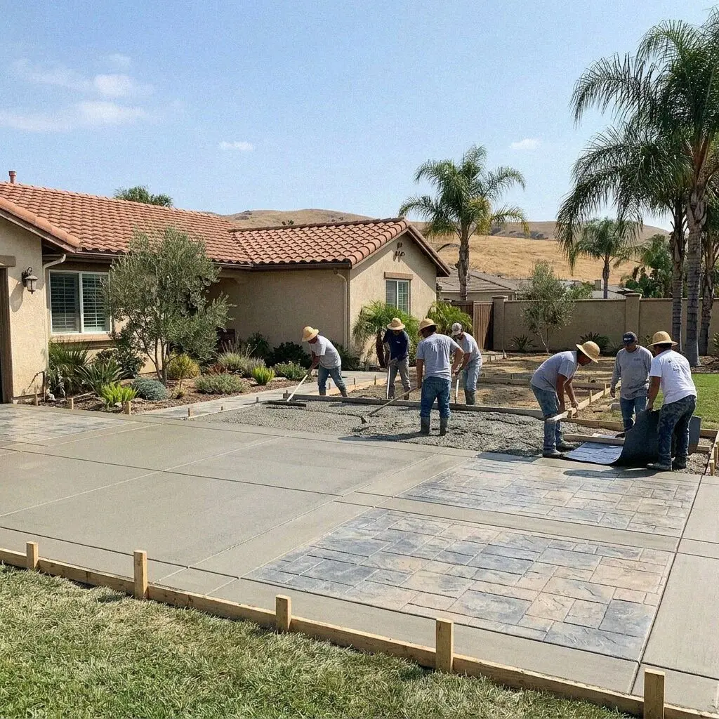 Crew finishing a driveway pour in front of a Torrance home