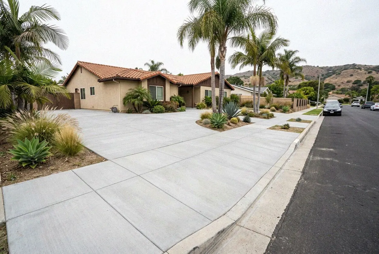 Finished concrete driveway and front walk at a 1950s tract home in Torrance