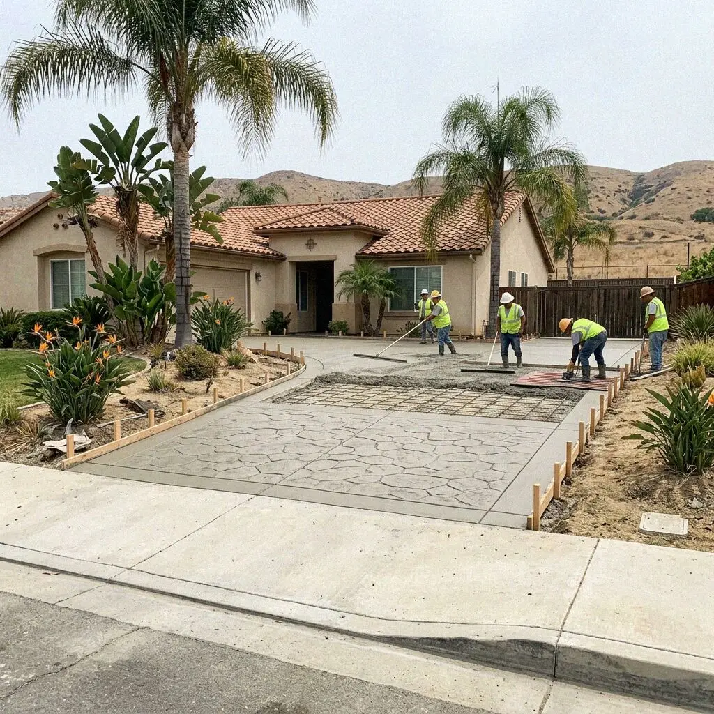 Crew screeding a garage slab at a Torrance tract home