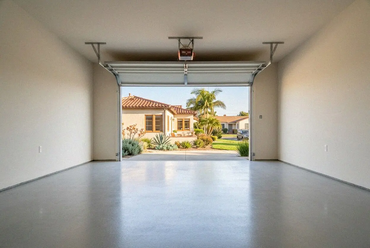 New concrete garage floor slab inside a detached garage in Southwood, Torrance
