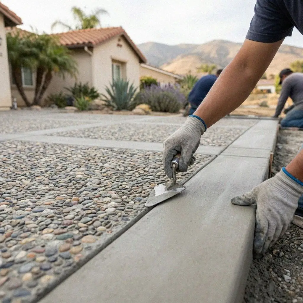Hands pressing a stamp mat into a fresh colored patio slab in Torrance