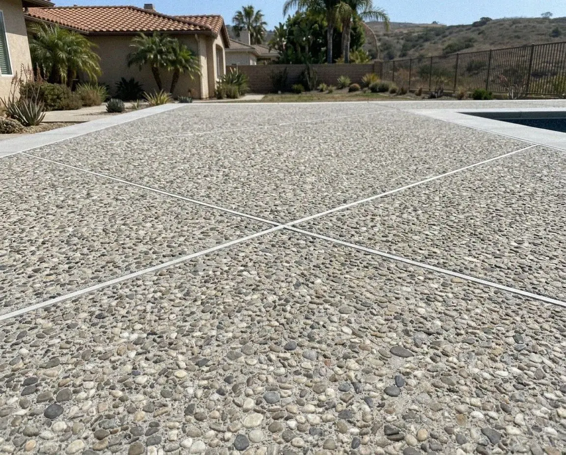 Finished exposed aggregate front court with a smooth border in Torrance