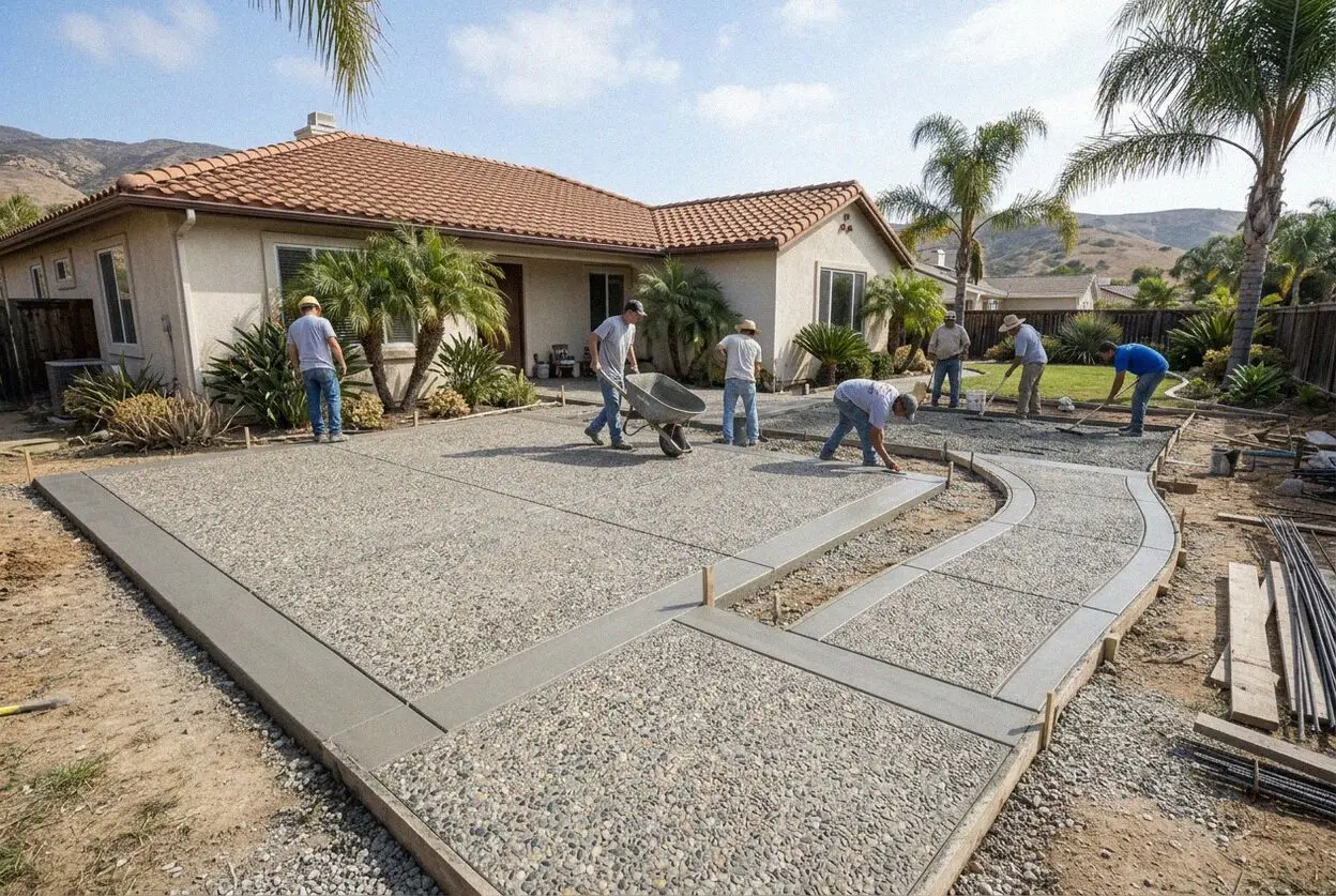 Crew washing paste off a fresh exposed aggregate drive at a Torrance, CA home