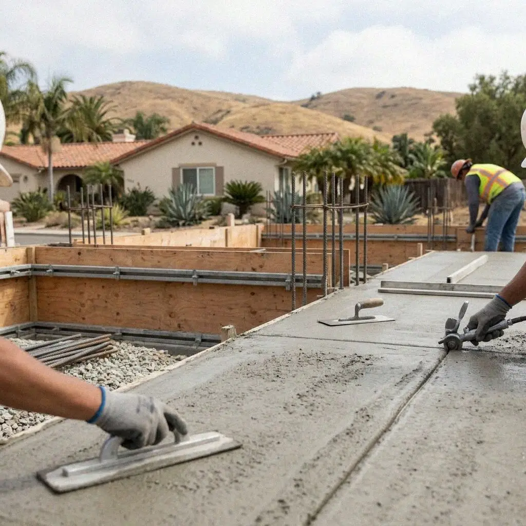 Hands tying rebar in a footing trench on a Torrance foundation job
