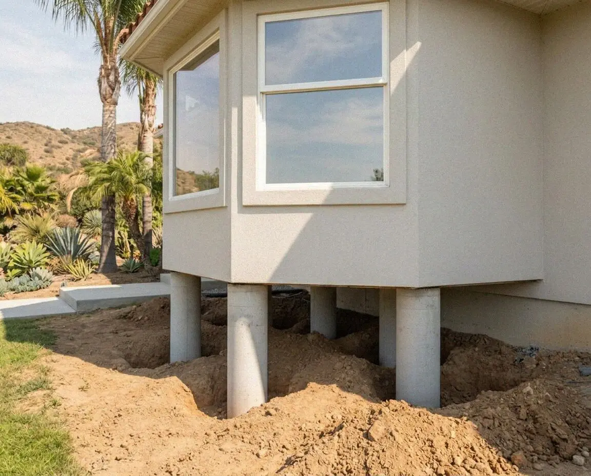 House corner carried on steel piers during a lift in Torrance, CA