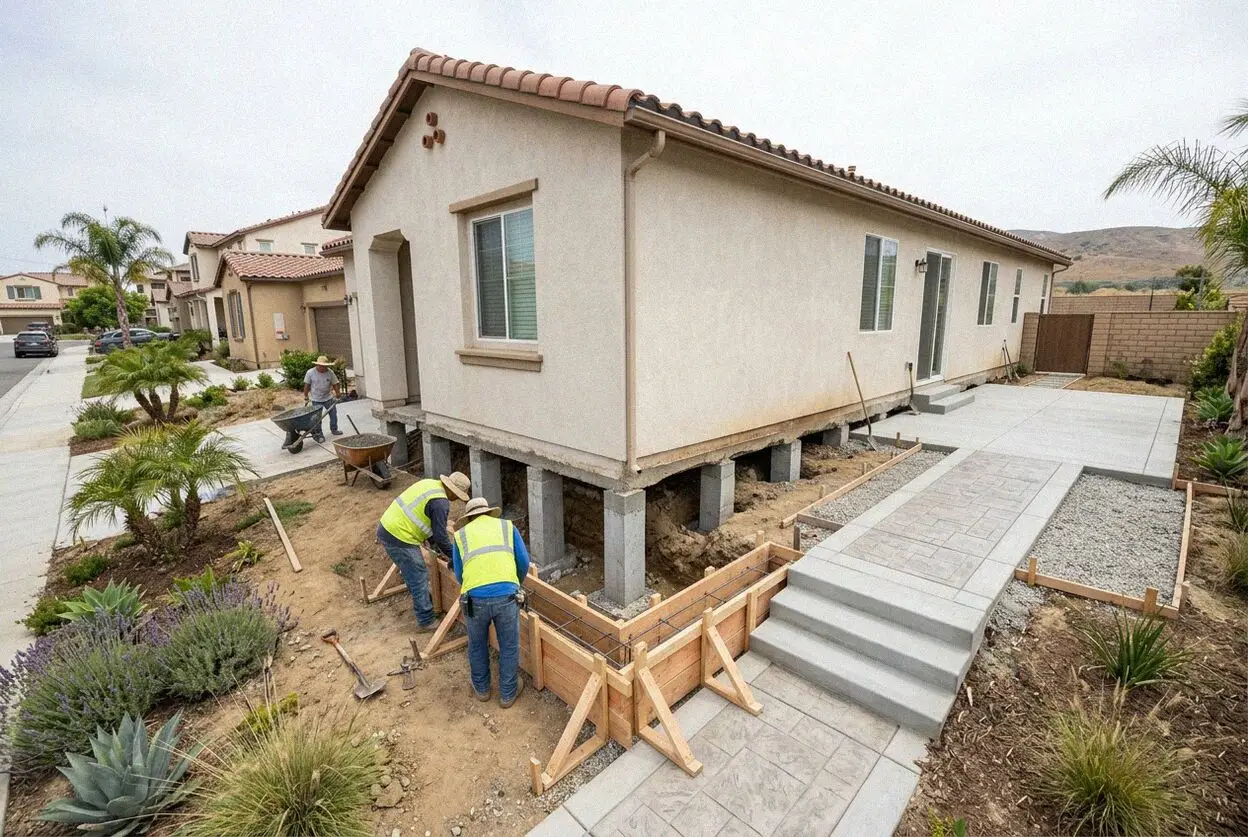 Crew setting a steel pier under a settled house footing in Torrance, CA