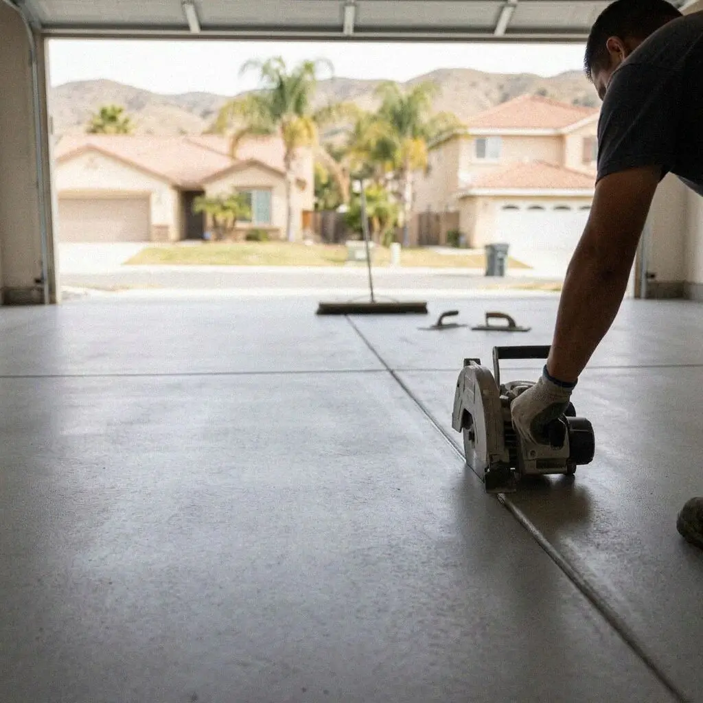 Hands steel troweling a fresh garage floor toward the door in Torrance