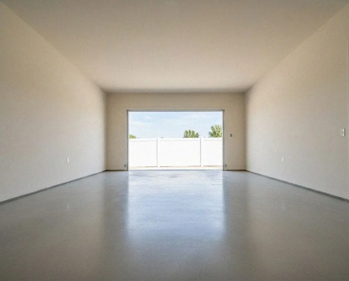 Newly poured and sealed garage floor inside a Torrance bay, door open