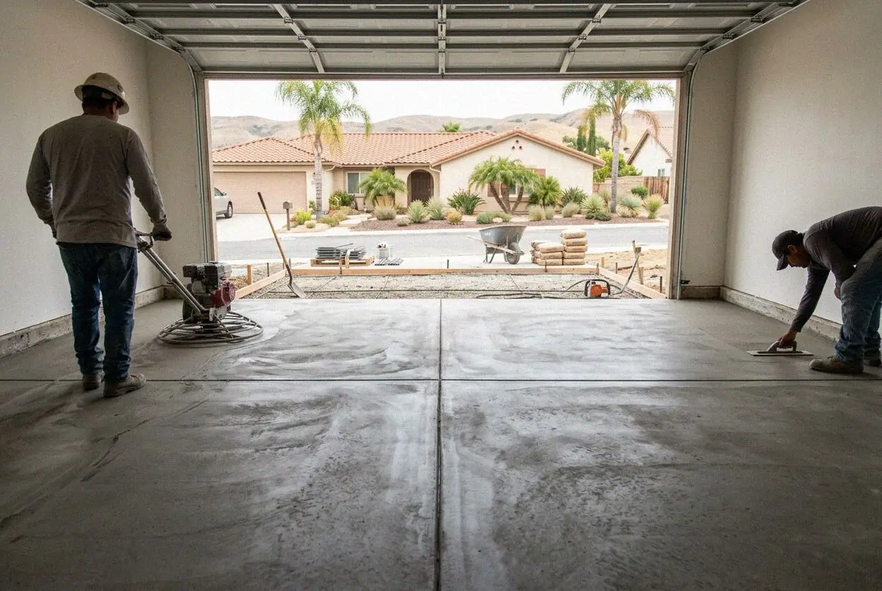 Crew screeding a new garage floor slab inside an attached bay in Torrance, CA