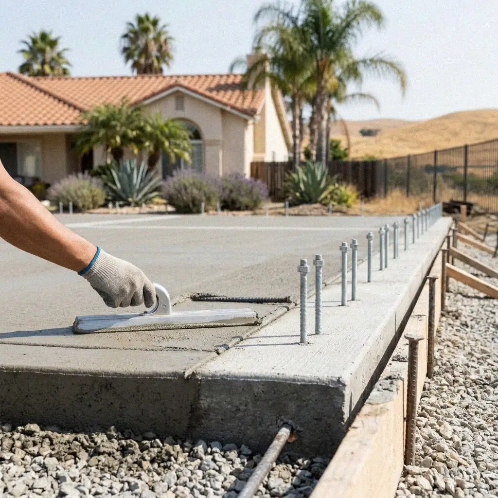 Hands tying rebar over the sheet on an ADU slab foundation in Torrance